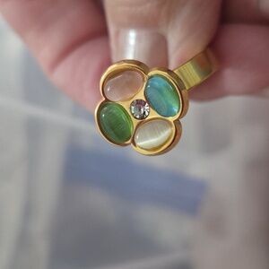 18K Gold Plated Stainless Steel Gold and Multicolor Eye Green Cat Women's Ring